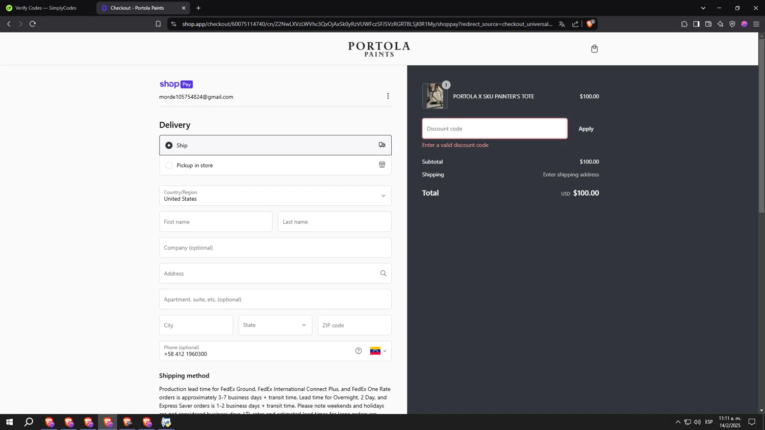 Portola Paints discount code screenshot showing code NEWCOLOR2024 applied at Portola Paints checkout page. Uploaded by SimplyCodes community member gggggggggggggggggggggg on Feb 14, 2025