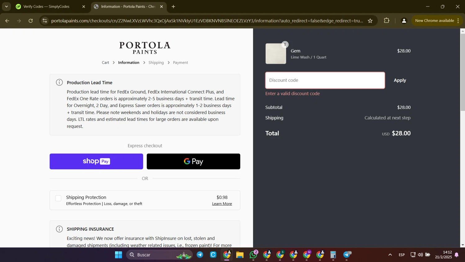 Portola Paints discount code screenshot showing code NEWCOLOR2024 applied at Portola Paints checkout page. Uploaded by SimplyCodes community member CleverLion9708 on Feb 21, 2025
