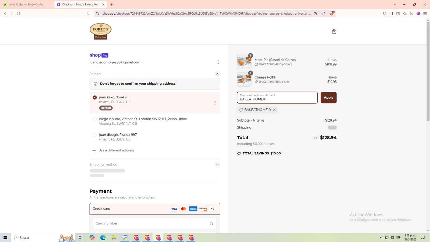 Porto's Bake at Home promo code screenshot showing code BAKEATHOME10 applied at Porto's Bake at Home checkout page. Uploaded by SimplyCodes community member 1pop12op on Mar 31, 2025