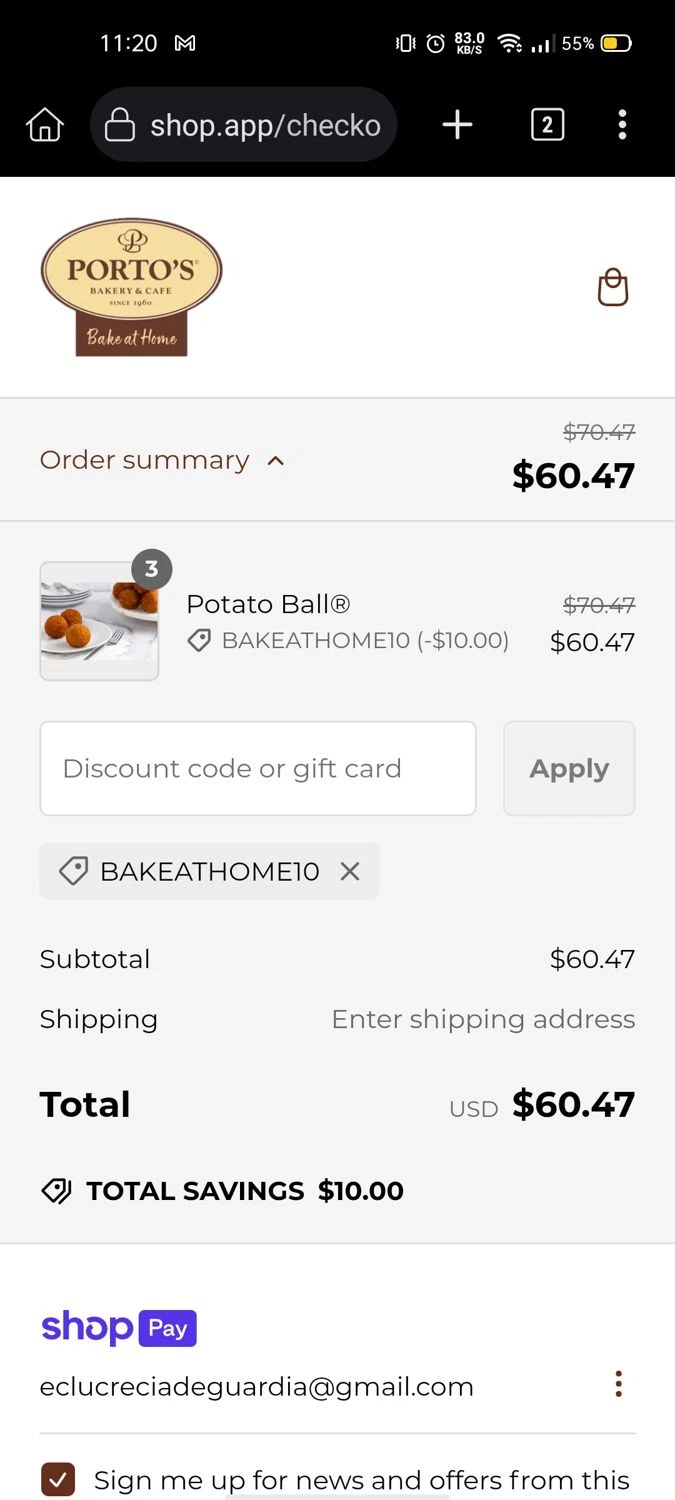 Porto's Bake at Home promo code screenshot showing code BAKEATHOME10 applied at Porto's Bake at Home checkout page. Uploaded by SimplyCodes community member Wonderwoman82 on Feb 4, 2025