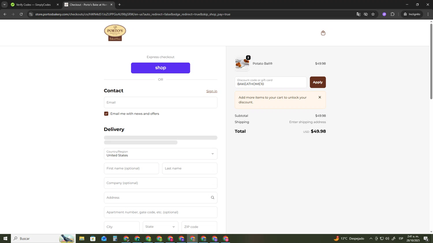 Porto's Bake at Home promo code screenshot showing code BAKEATHOME10 applied at Porto's Bake at Home checkout page. Uploaded by SimplyCodes community member pequenokalvin5 on Oct 28, 2025