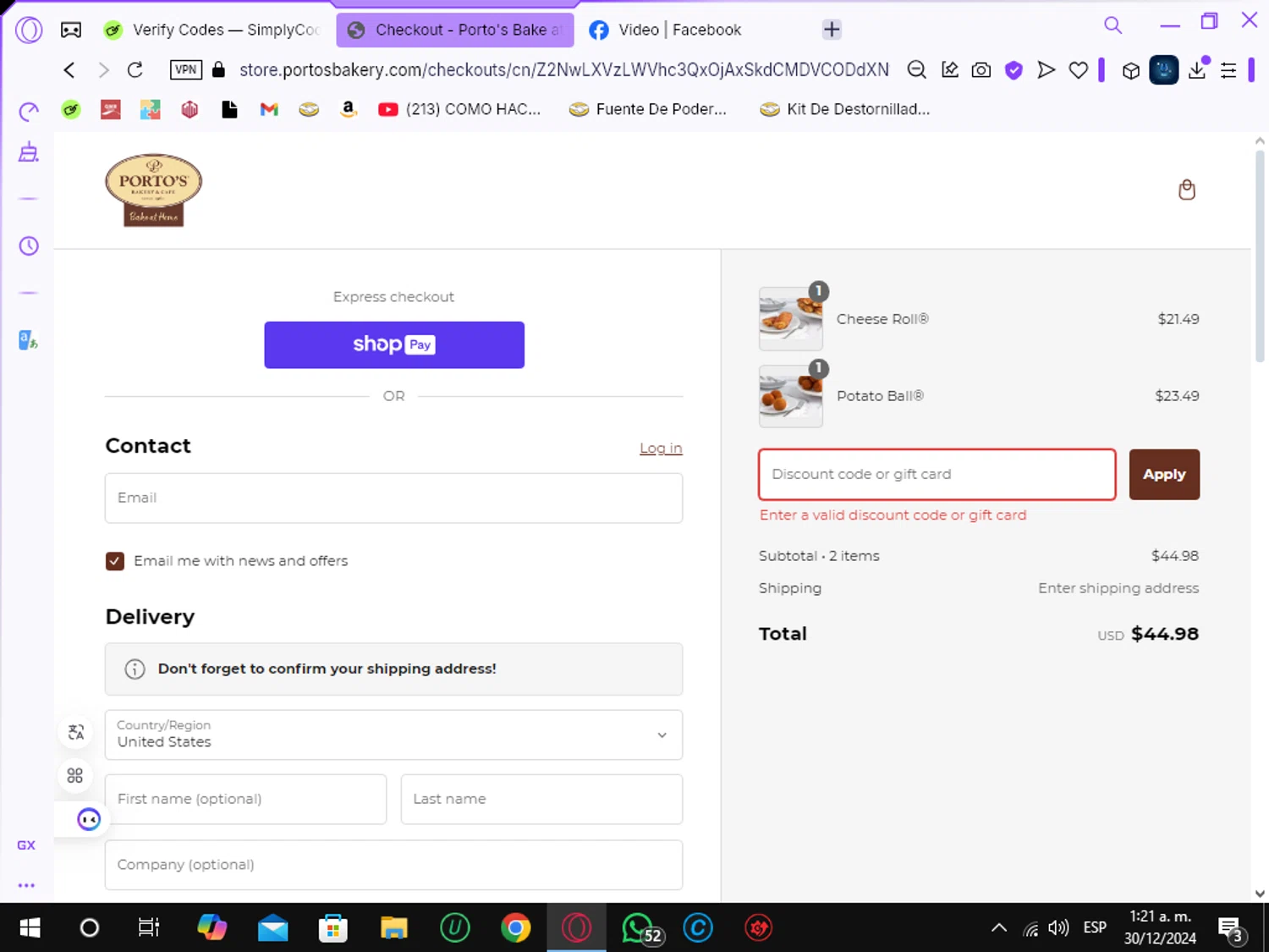 Porto's Bake at Home promo code screenshot showing code PORTOSHOLIDAY10 applied at Porto's Bake at Home checkout page. Uploaded by SimplyCodes community member Crchirino1 on Dec 30, 2024