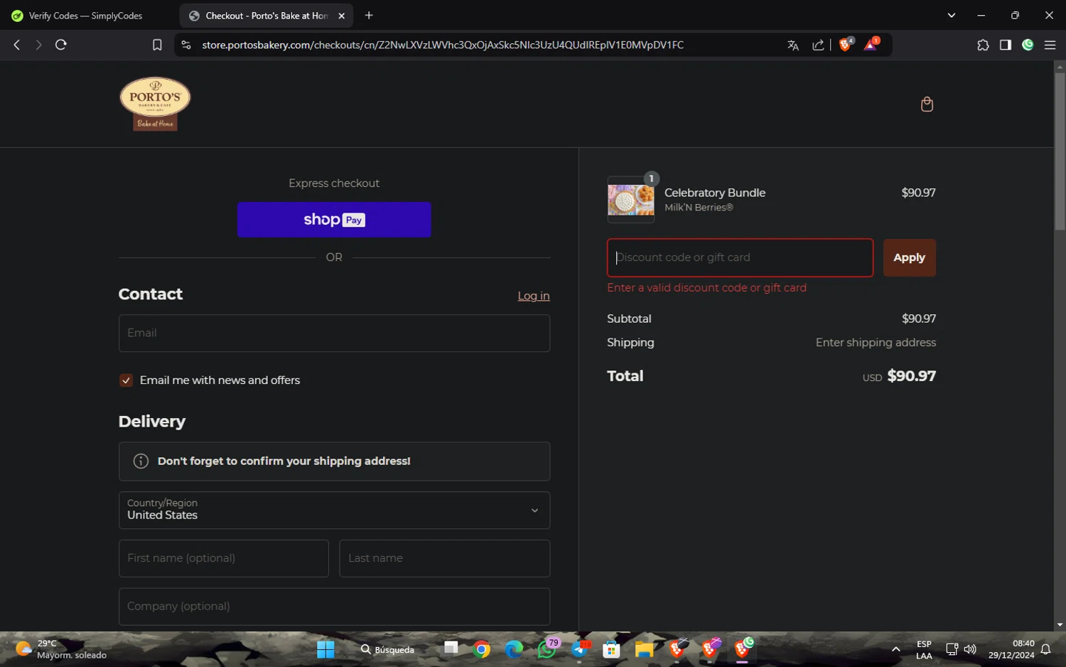 Porto's Bake at Home promo code screenshot showing code PORTOSBFPROMO applied at Porto's Bake at Home checkout page. Uploaded by SimplyCodes community member Widopalacios on Dec 29, 2024