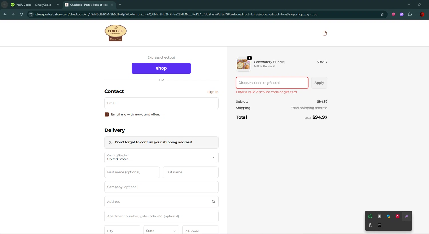Porto's Bake at Home promo code screenshot showing code PORTOSWEETDEAL applied at Porto's Bake at Home checkout page. Uploaded by SimplyCodes community member BrilliantSaver7516 on Nov 30, 2025