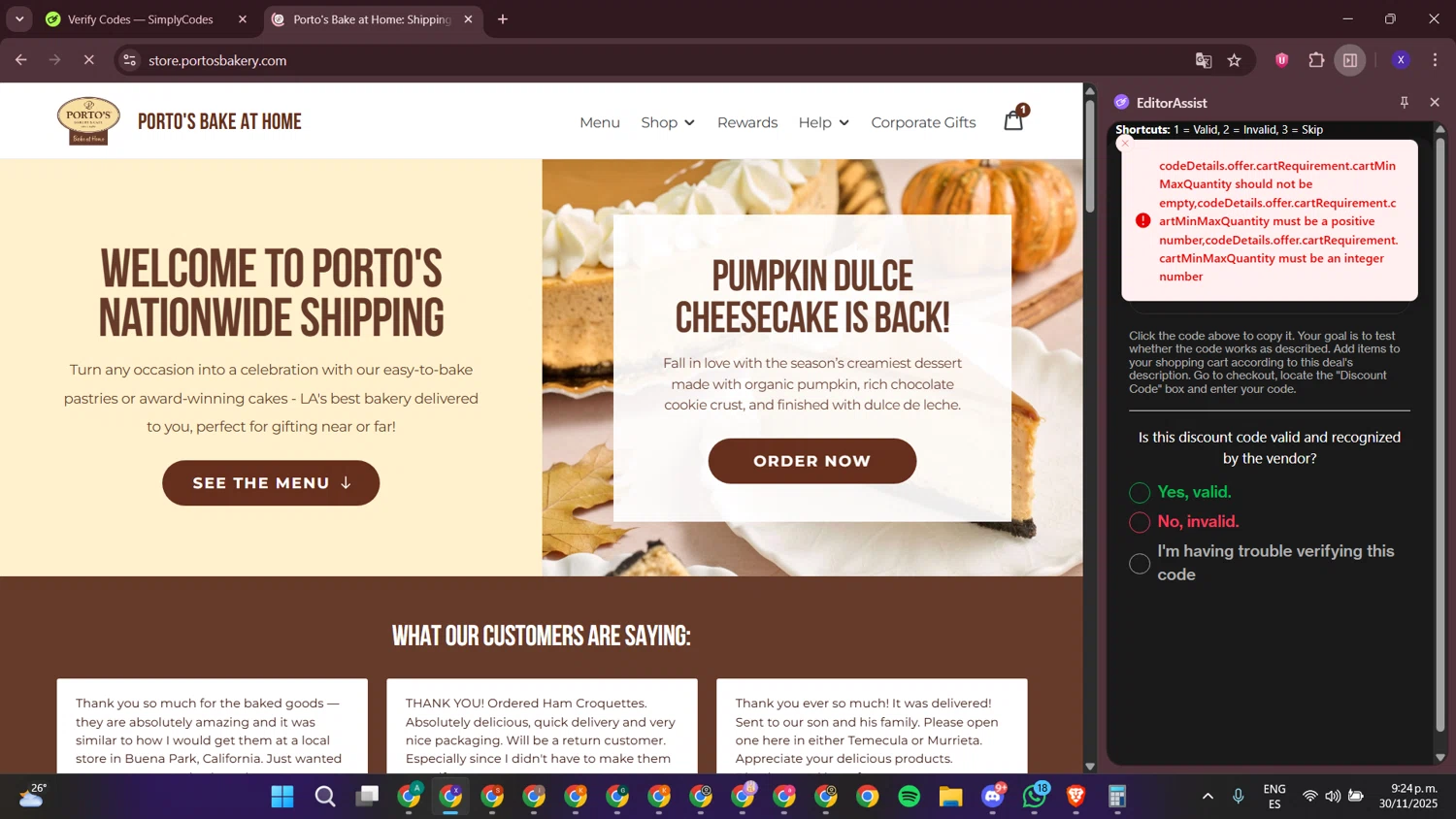 Porto's Bake at Home promo code screenshot showing code PORTOSWEETDEAL applied at Porto's Bake at Home checkout page. Uploaded by SimplyCodes community member LewisHamilton on Dec 1, 2025