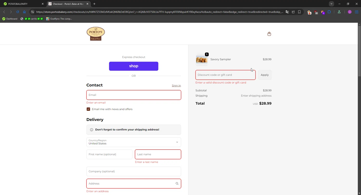 Porto's Bake at Home promo code screenshot showing code POTATOBALLPARTY applied at Porto's Bake at Home checkout page. Uploaded by SimplyCodes community member WonderMaverick6123 on Jan 13, 2026