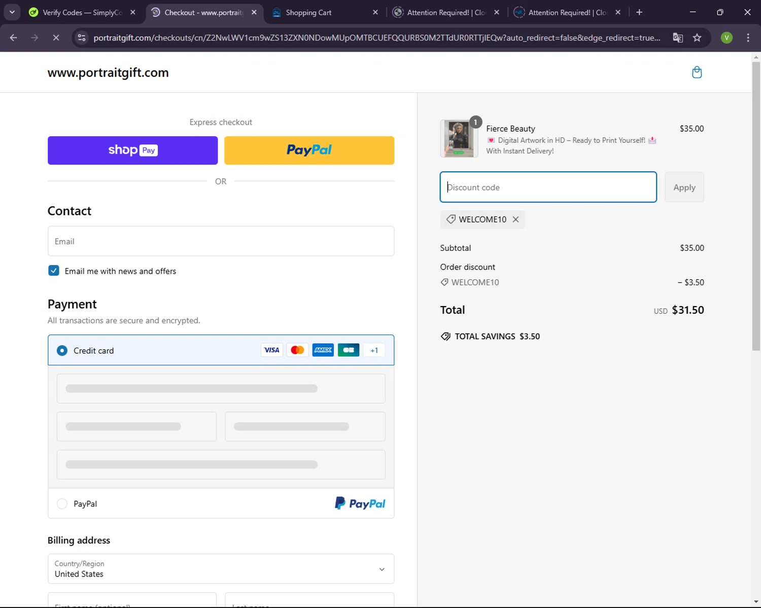PortraitGift.com promo code screenshot showing code WELCOME10 applied at PortraitGift.com checkout page. Uploaded by SimplyCodes community member CleverNavigator1236 on Feb 26, 2025