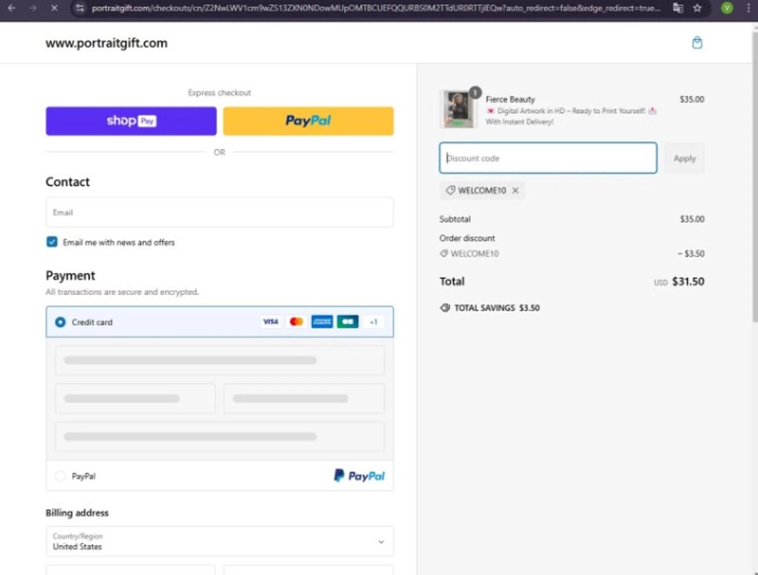 PortraitGift.com promo code screenshot showing code Welcome15 applied at PortraitGift.com checkout page. Uploaded by SimplyCodes community member Quemiras on Aug 21, 2025