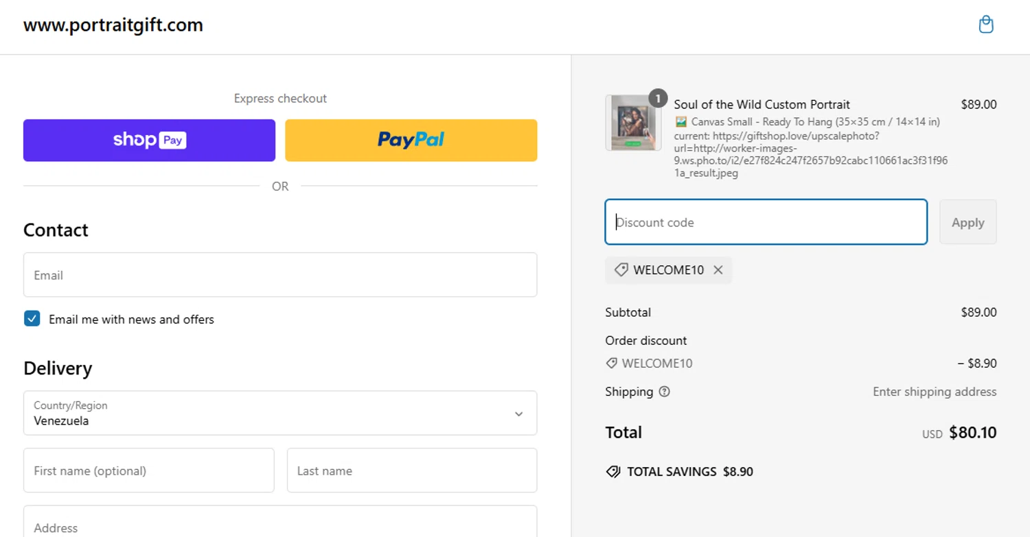 PortraitGift.com promo code screenshot showing code WELCOME10 applied at PortraitGift.com checkout page. Uploaded by SimplyCodes community member aumentadax10 on Feb 26, 2025