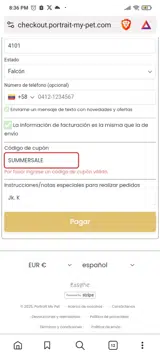 Portrait My Pet coupon verification screenshot