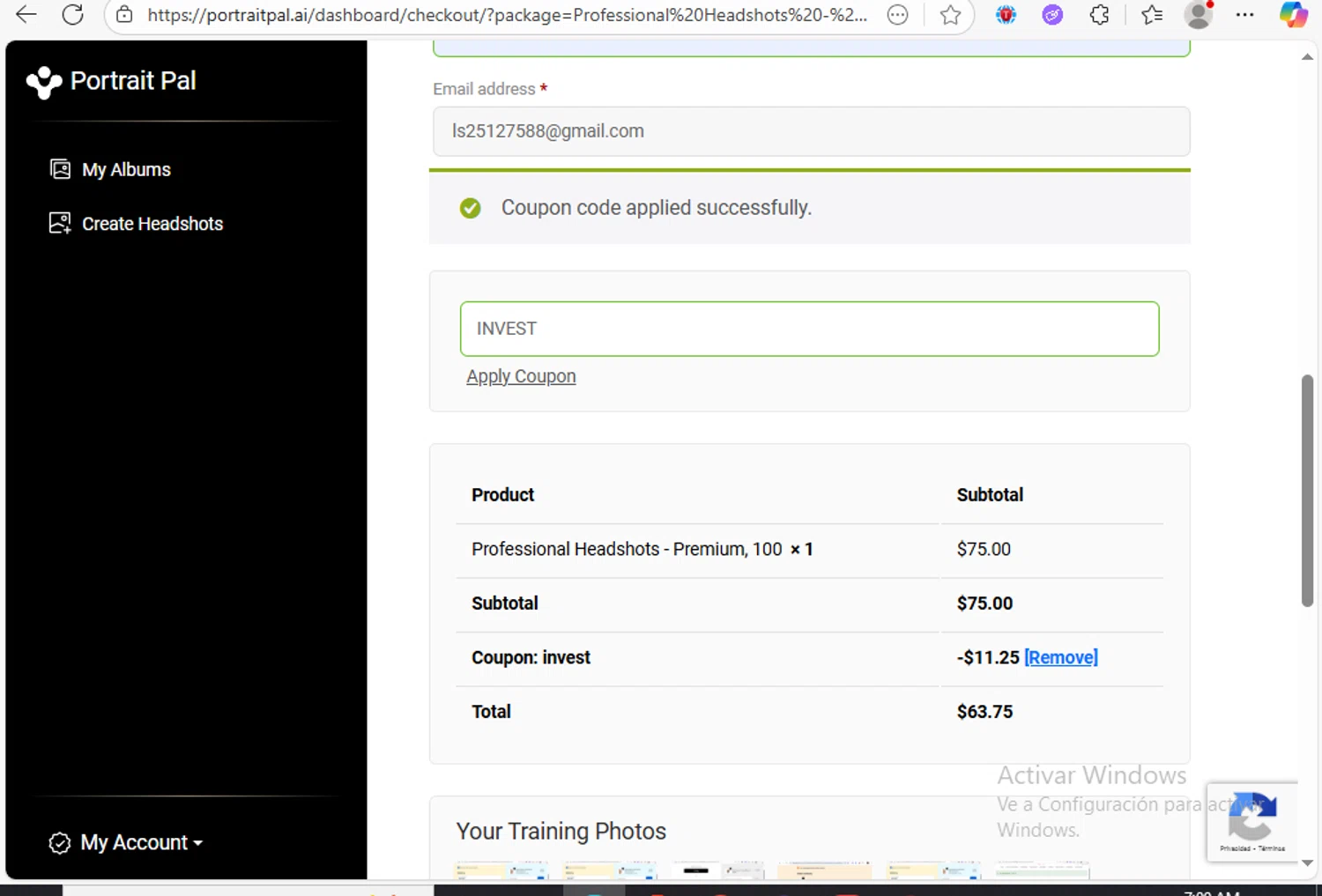Portrait Pal coupon code screenshot showing code INVEST applied at Portrait Pal checkout page. Uploaded by SimplyCodes community member Franco20 on Oct 17, 2025