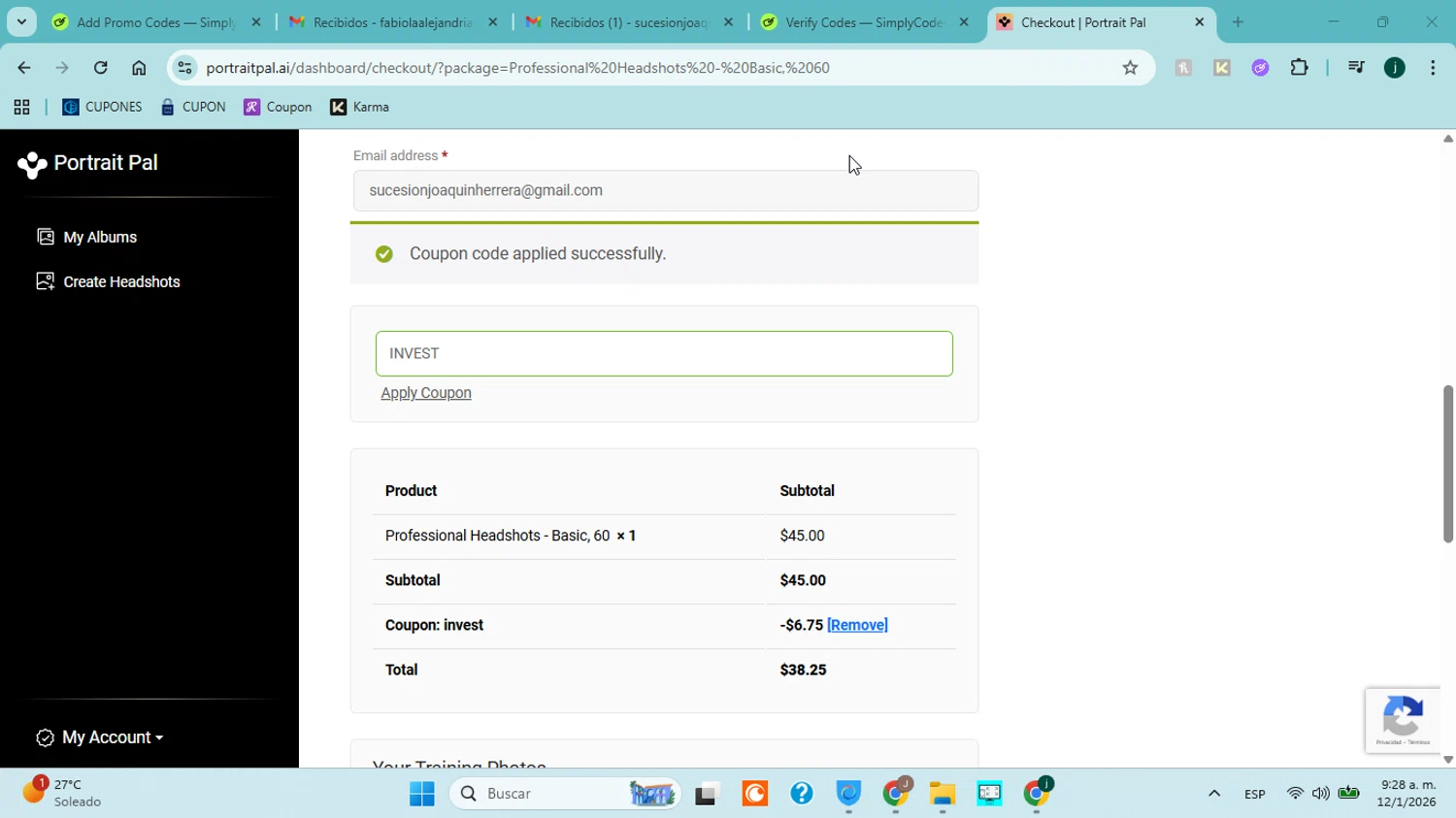 Portrait Pal checkout page showing Portrait Pal coupon code box | Screenshot taken by SimplyCodes community member on Jan 12, 2026