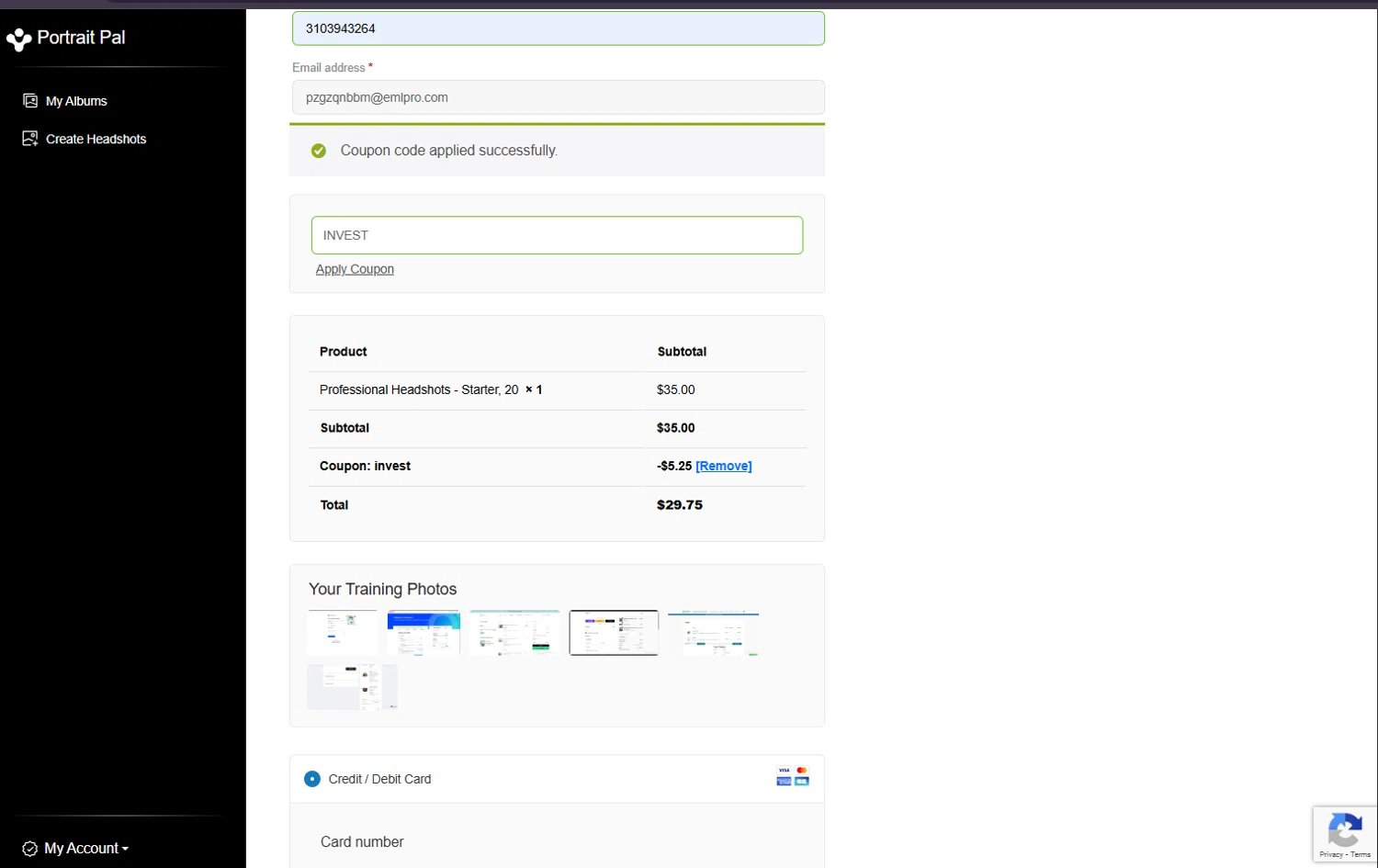 Portrait Pal coupon code screenshot showing code INVEST applied at Portrait Pal checkout page. Uploaded by SimplyCodes community member suppahdealz on Aug 18, 2025