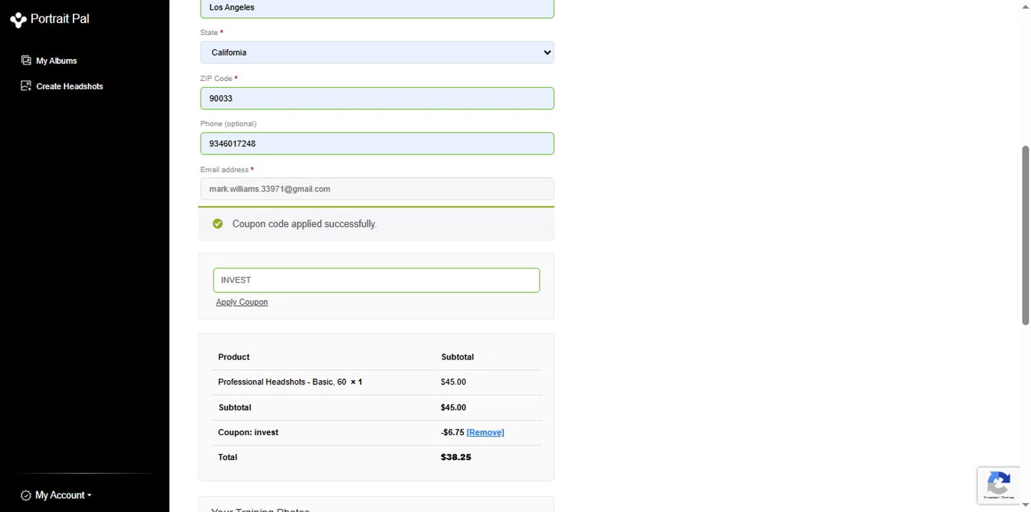 Portrait Pal coupon code screenshot showing code INVEST applied at Portrait Pal checkout page. Uploaded by SimplyCodes community member the_loose_cannon on Sep 18, 2025