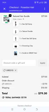 GREG10 coupon verification screenshot
