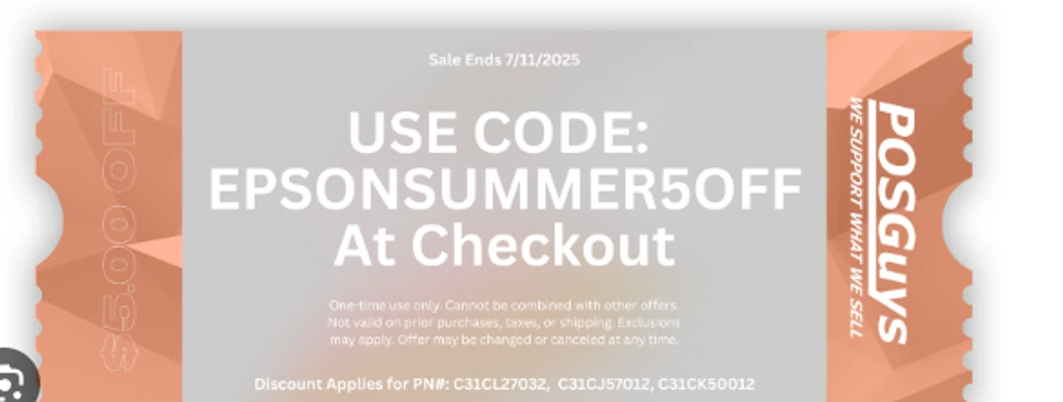 POSguys.com coupon code screenshot showing code epsonsummer5off applied at POSguys.com checkout page. Uploaded by SimplyCodes community member prathambora12 on Jun 27, 2025