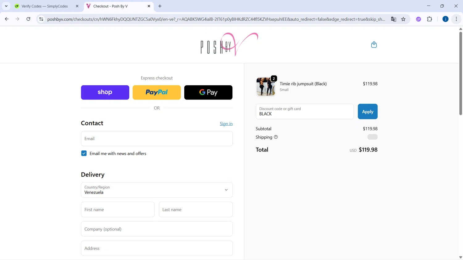 Posh by V discount code screenshot showing code BLACK applied at Posh by V checkout page. Uploaded by SimplyCodes community member CodeSaver4373 on Dec 10, 2025