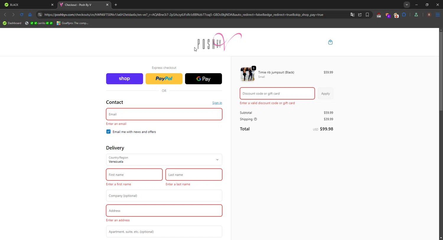 Posh by V discount code screenshot showing code BLACK applied at Posh by V checkout page. Uploaded by SimplyCodes community member FrugalShopper1585 on Dec 9, 2025