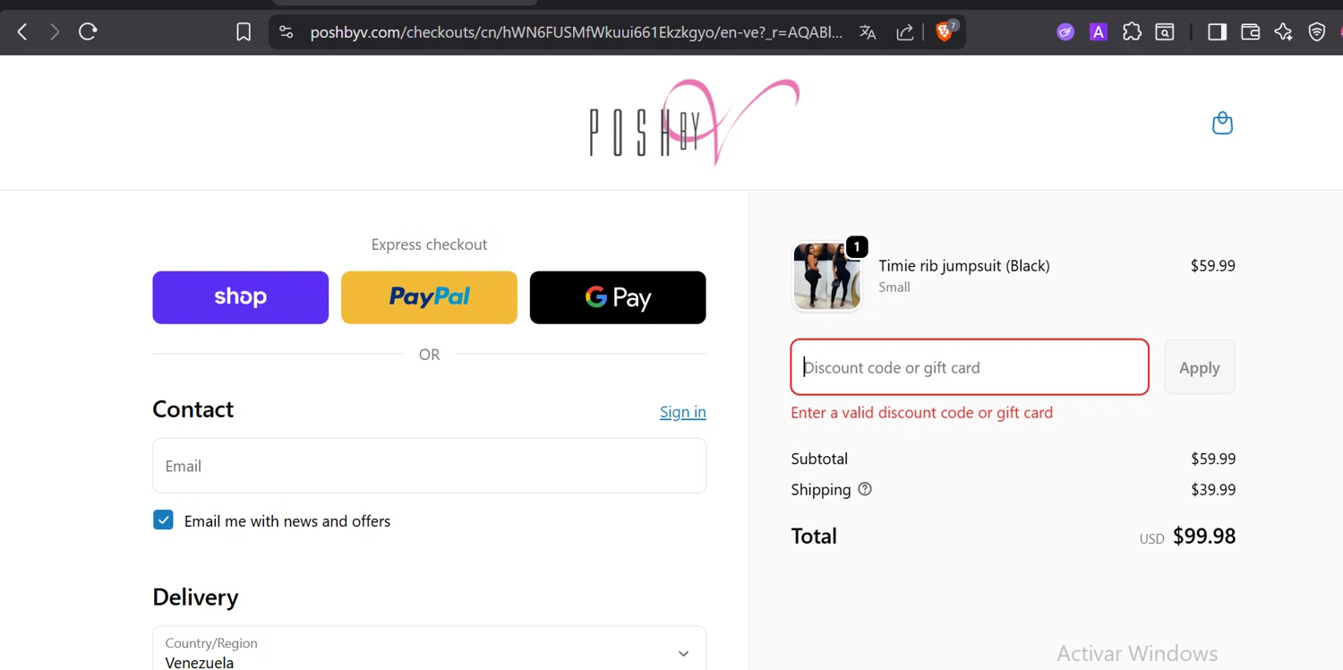 Posh by V discount code screenshot showing code BLACK applied at Posh by V checkout page. Uploaded by SimplyCodes community member Trump23 on Dec 9, 2025