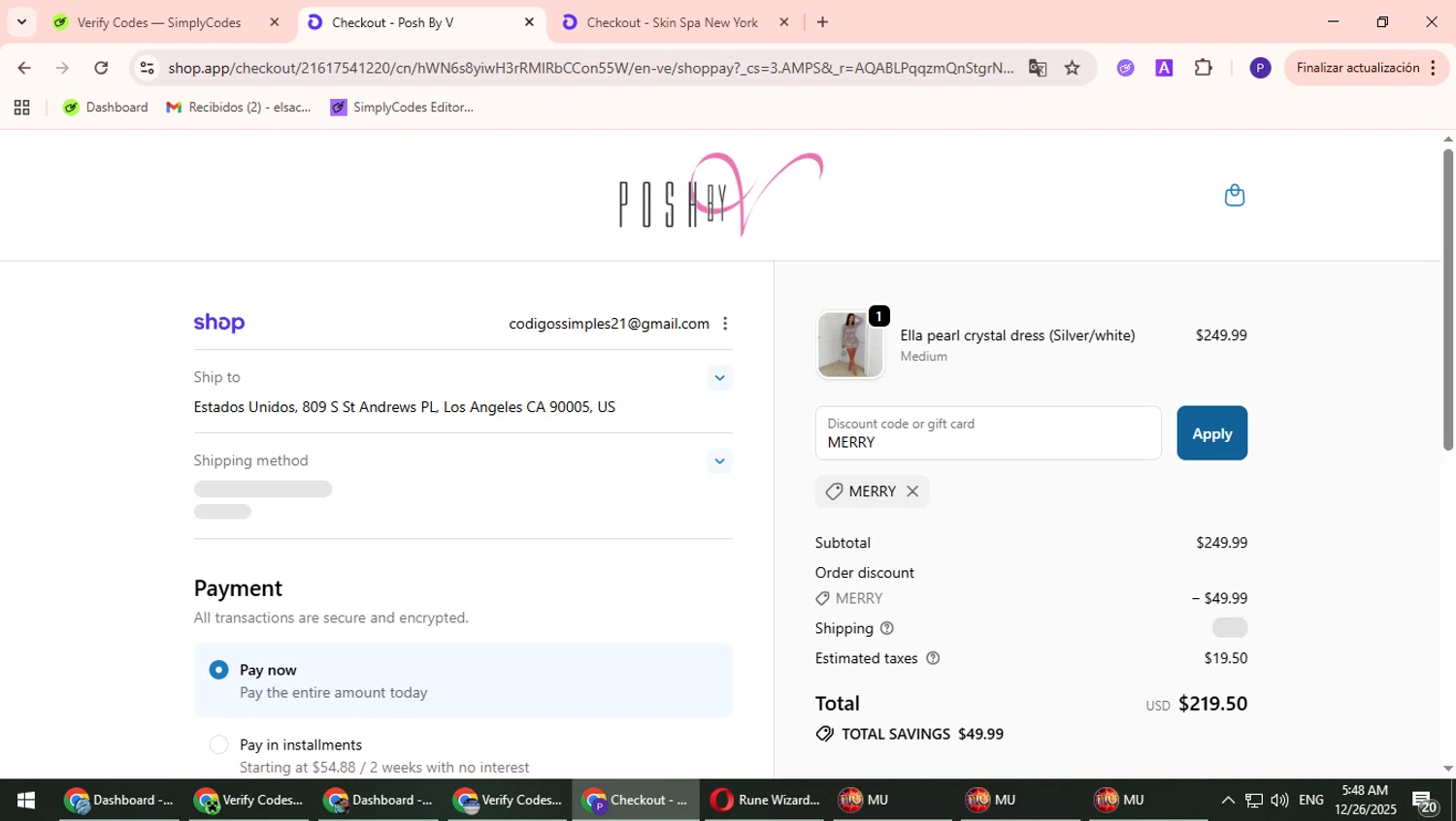 Posh by V discount code screenshot showing code MERRY applied at Posh by V checkout page. Uploaded by SimplyCodes community member TrevorPhilips on Dec 26, 2025