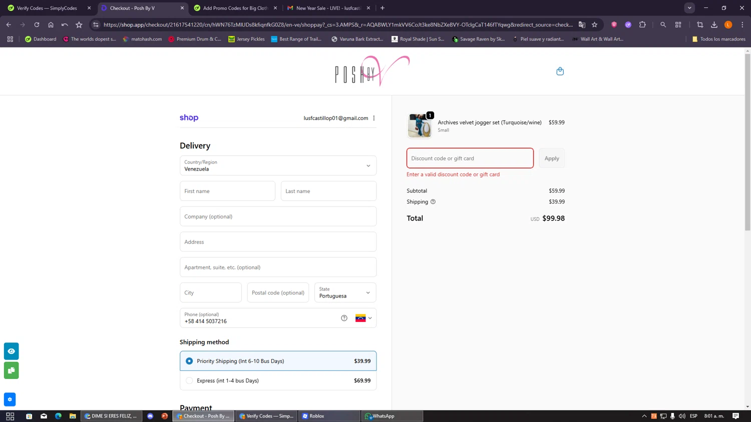 Posh by V discount code screenshot showing code MERRY applied at Posh by V checkout page. Uploaded by SimplyCodes community member VayneChambeadora on Jan 1, 2026