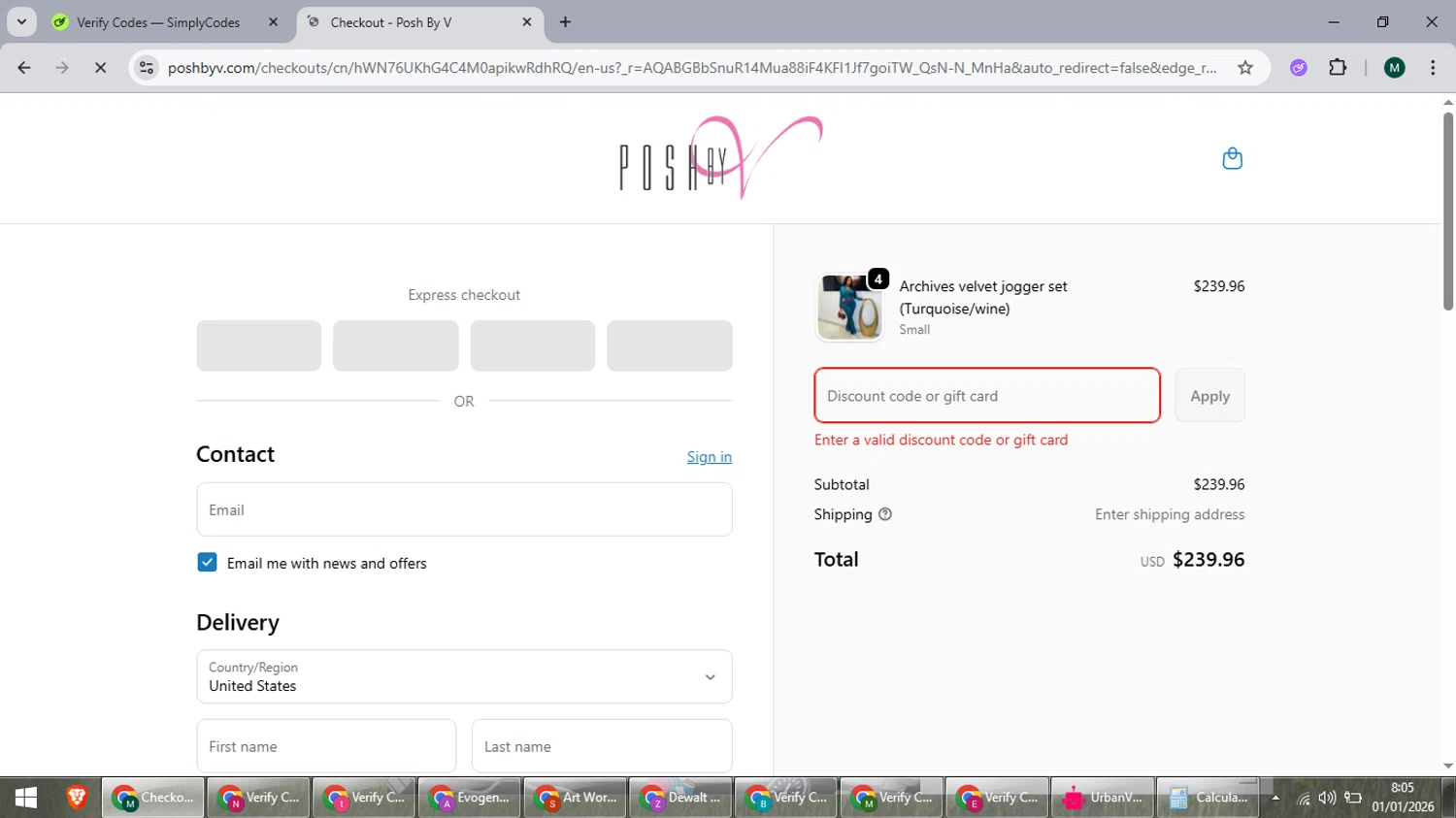 Posh by V discount code screenshot showing code MERRY applied at Posh by V checkout page. Uploaded by SimplyCodes community member suieeloves on Jan 1, 2026