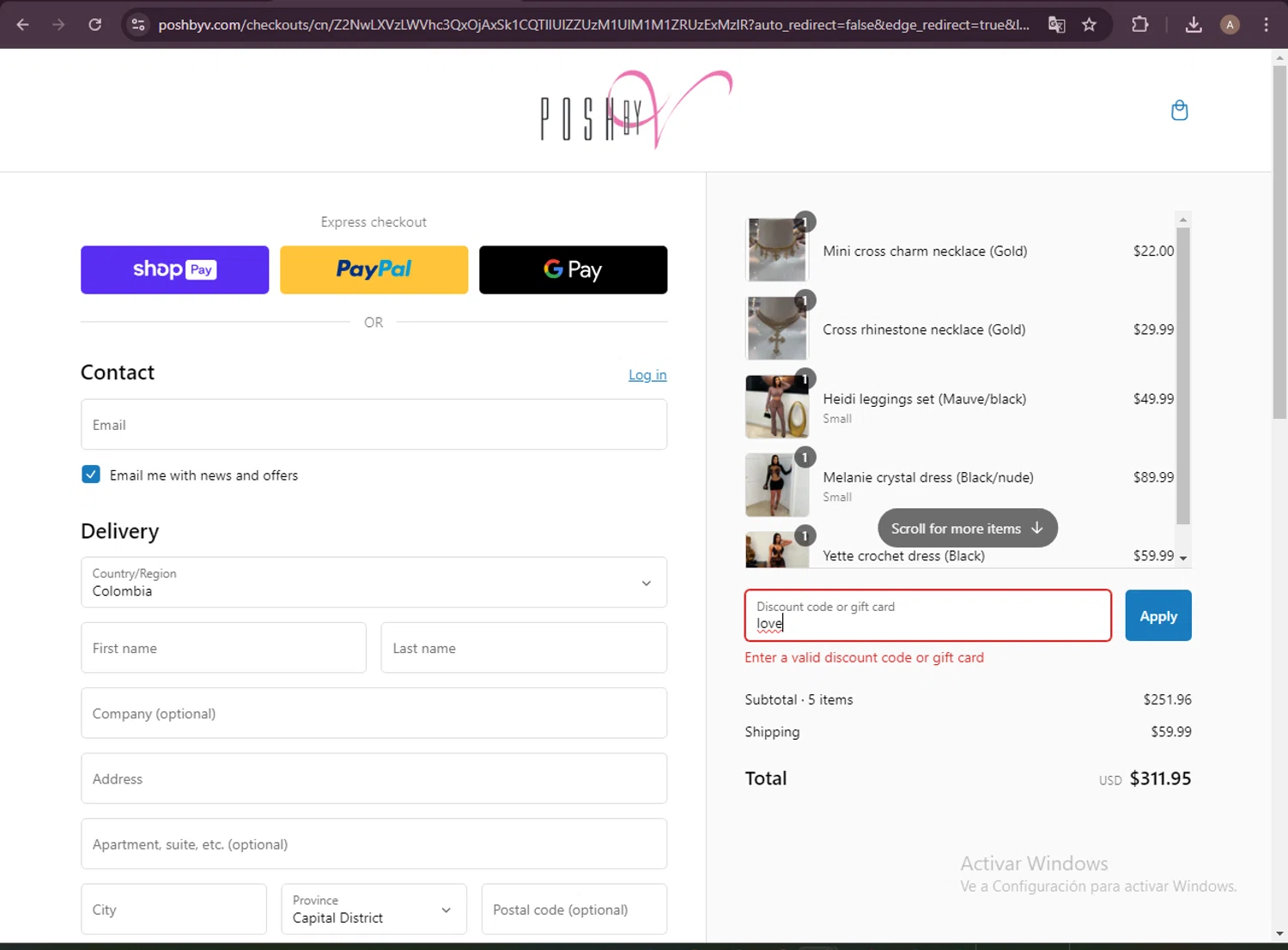 Posh by V discount code screenshot showing code love applied at Posh by V checkout page. Uploaded by SimplyCodes community member GoldRanger7896 on Feb 18, 2025