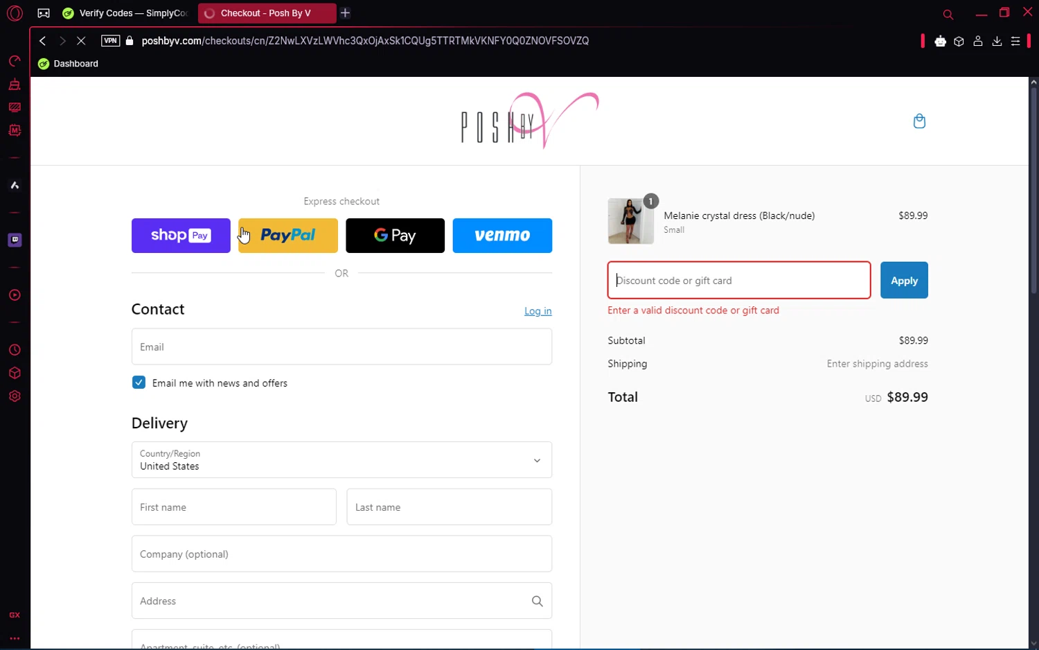 Posh by V discount code screenshot showing code love applied at Posh by V checkout page. Uploaded by SimplyCodes community member jakeperro on Feb 18, 2025