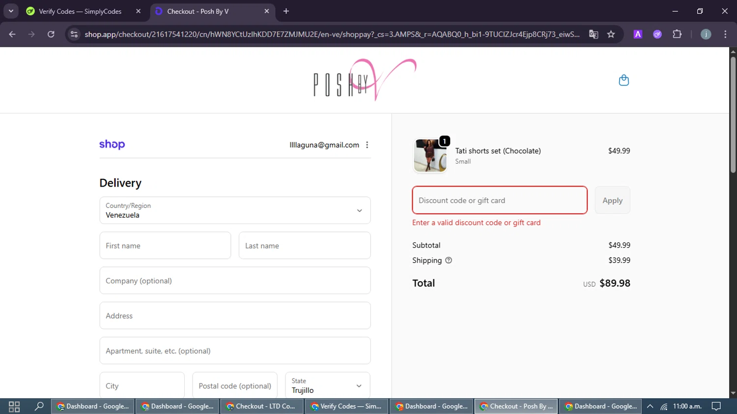 Posh by V discount code screenshot showing code 2026 applied at Posh by V checkout page. Uploaded by SimplyCodes community member MoneyFox4293 on Feb 8, 2026
