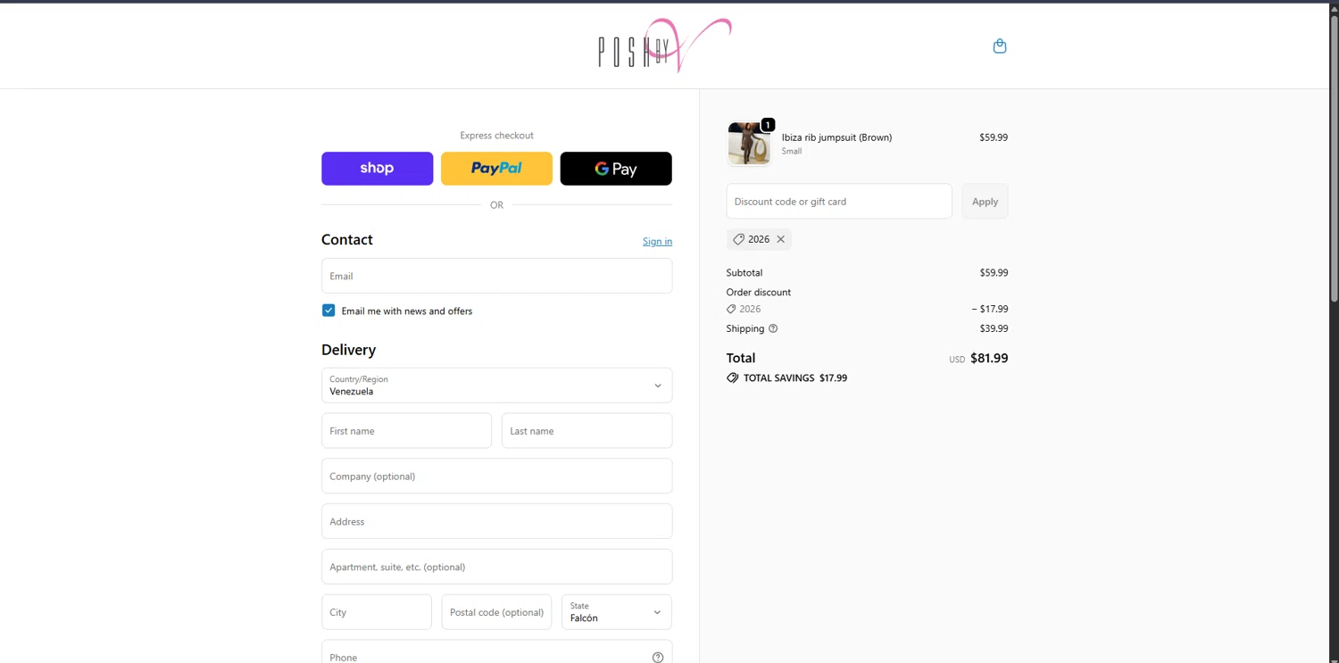 Posh by V checkout page showing Posh by V discount code box | Screenshot taken by SimplyCodes community member on Dec 30, 2025