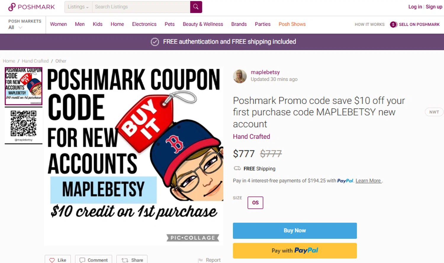 Poshmark promo code screenshot showing code MAPLEBETSY applied at Poshmark checkout page. Uploaded by SimplyCodes community member SimplyCVerlie on Apr 9, 2025