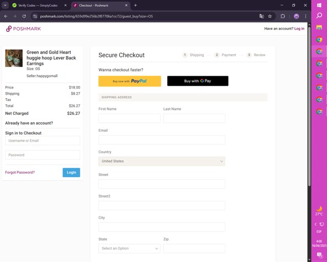 Poshmark checkout page showing Poshmark promo code box | Screenshot taken by SimplyCodes community member on Apr 16, 2025