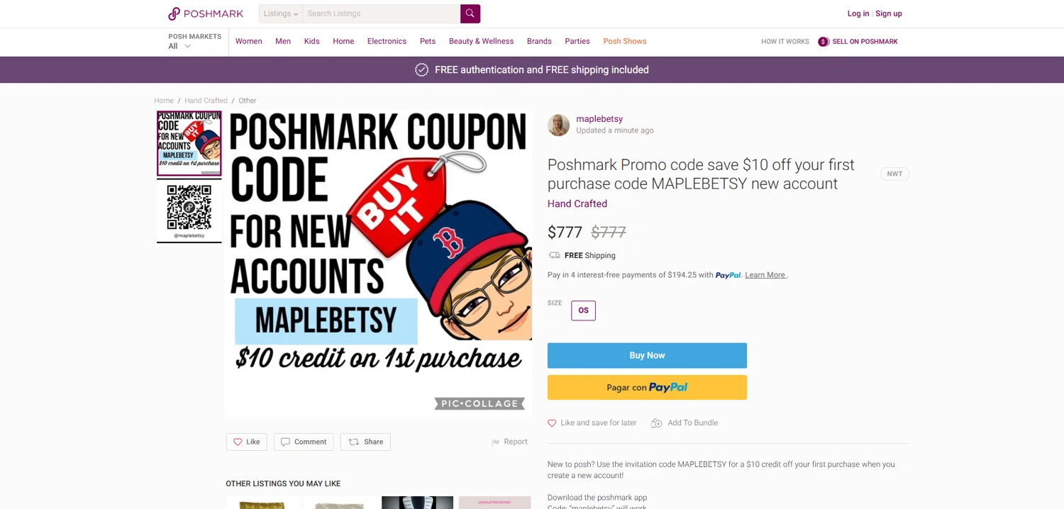 Poshmark promo code screenshot showing code MAPLEBETSY applied at Poshmark checkout page. Uploaded by SimplyCodes community member Dorothy on Apr 8, 2025
