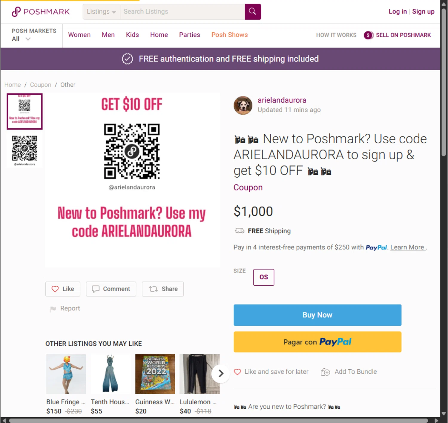 Poshmark promo code screenshot showing code ARIELANDAURORA applied at Poshmark checkout page. Uploaded by SimplyCodes community member PillarsofCreation on Jul 8, 2025