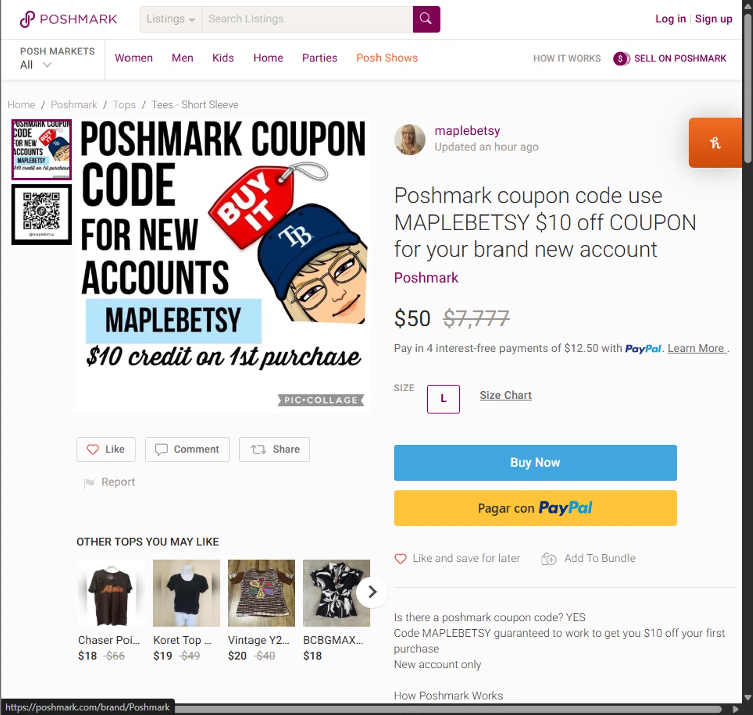 Poshmark promo code screenshot showing code MAPLEBETSY applied at Poshmark checkout page. Uploaded by SimplyCodes community member PillarsofCreation on Aug 28, 2025