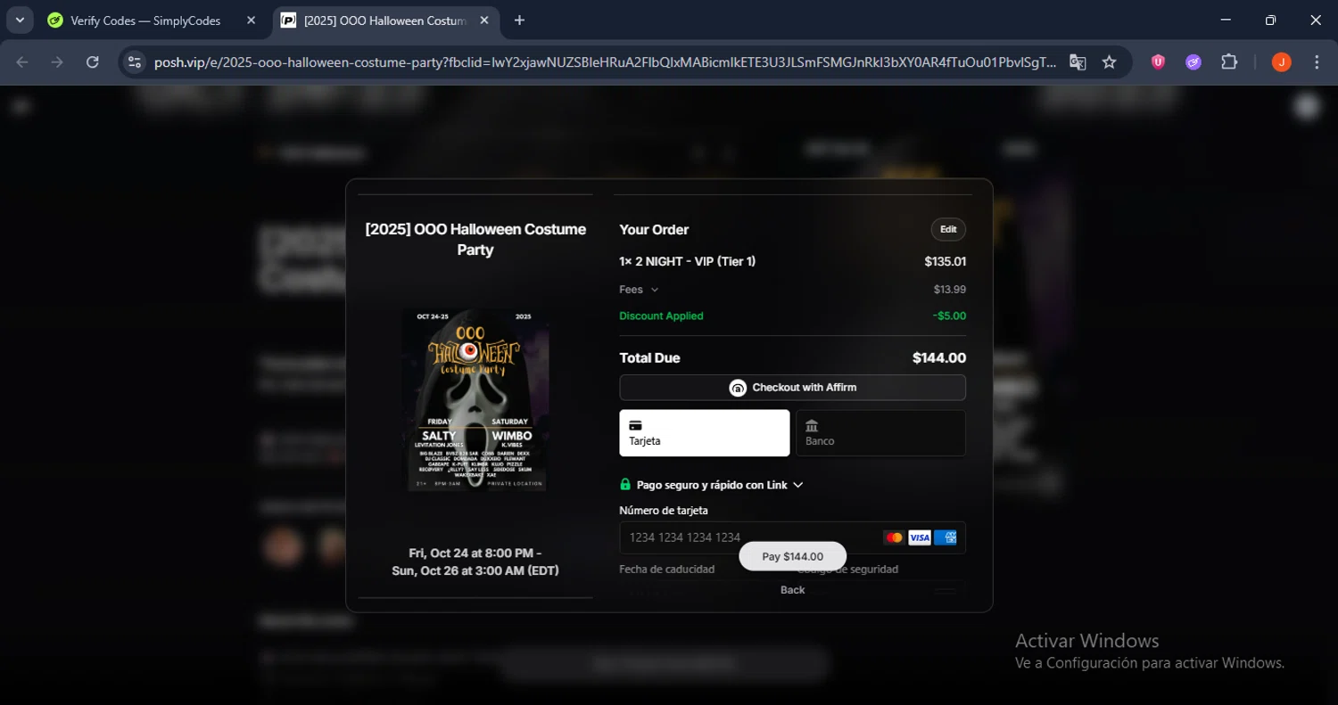 Posh.vip checkout page showing Posh.vip promo code box | Screenshot taken by SimplyCodes community member on Oct 10, 2025