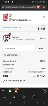 WELCOME15 coupon verification screenshot