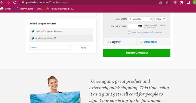 PosterBurner checkout page showing PosterBurner discount code box | Screenshot taken by SimplyCodes community member on Oct 31, 2022