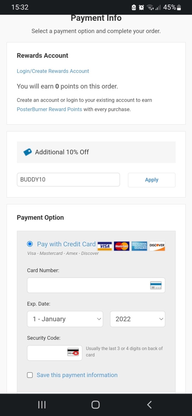 PosterBurner checkout page showing PosterBurner discount code box | Screenshot taken by SimplyCodes community member on Jun 7, 2022