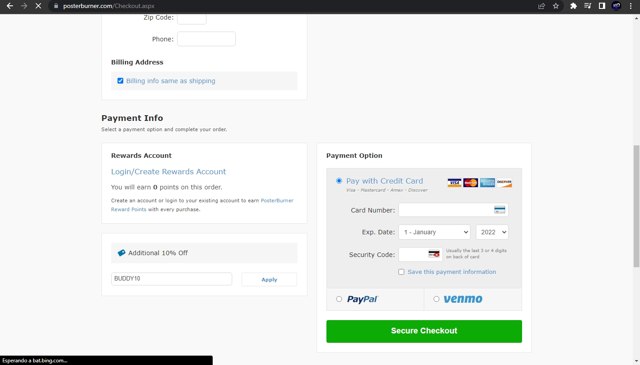 PosterBurner checkout page showing PosterBurner discount code box | Screenshot taken by SimplyCodes community member on Jun 7, 2022