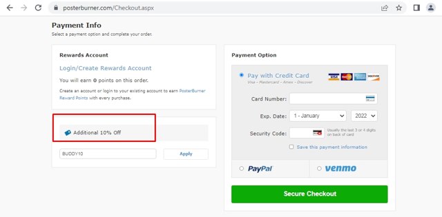 PosterBurner checkout page showing PosterBurner discount code box | Screenshot taken by SimplyCodes community member on Jun 7, 2022
