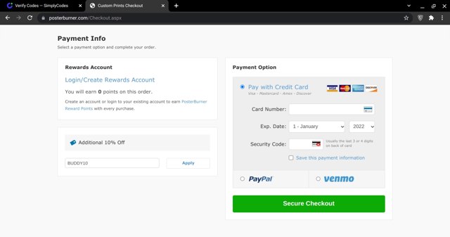 PosterBurner checkout page showing PosterBurner discount code box | Screenshot taken by SimplyCodes community member on Jul 15, 2022