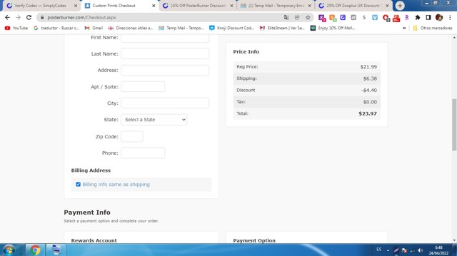 PosterBurner checkout page showing PosterBurner discount code box | Screenshot taken by SimplyCodes community member on Apr 24, 2022