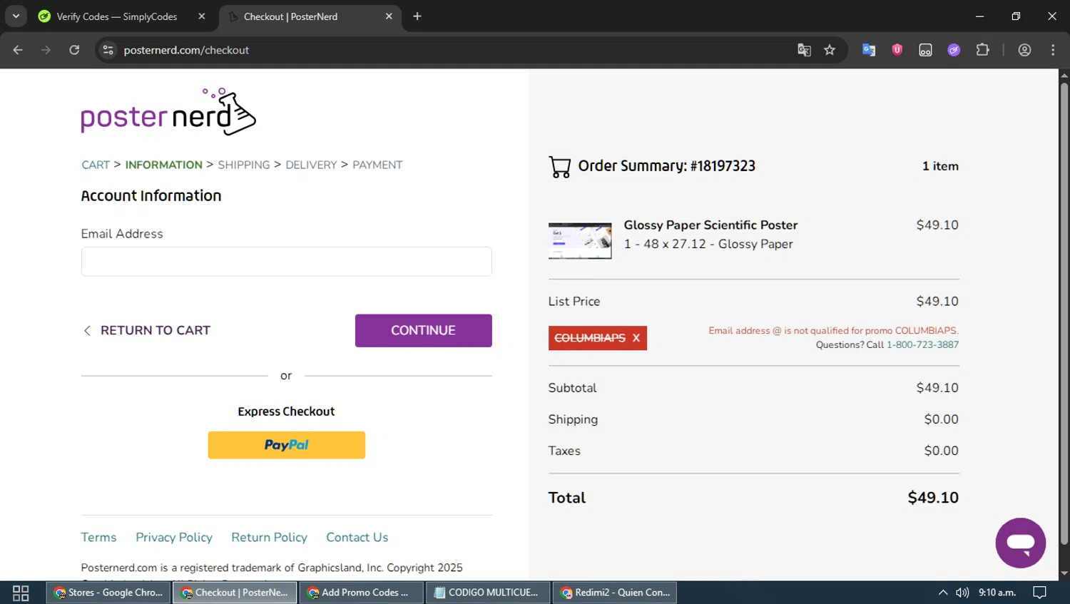 PosterNerd promo code screenshot showing code COLUMBIAPS applied at PosterNerd checkout page. Uploaded by SimplyCodes community member MoneyPioneer4925 on Nov 9, 2025