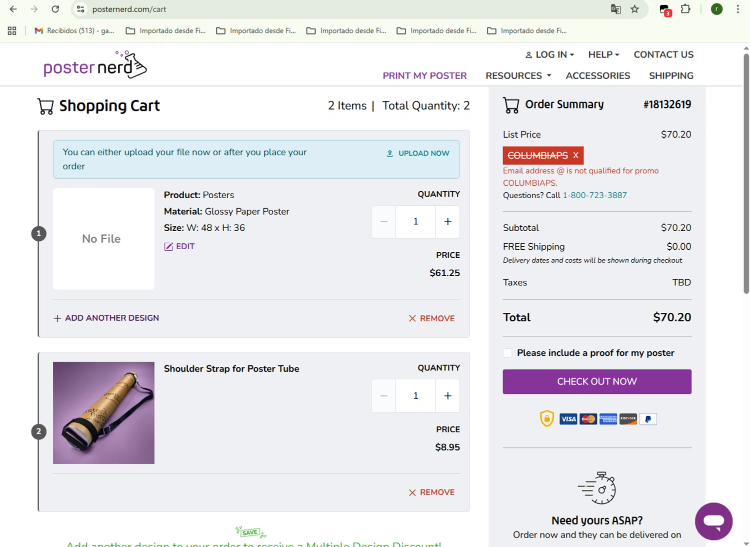 PosterNerd promo code screenshot showing code COLUMBIAPS applied at PosterNerd checkout page. Uploaded by SimplyCodes community member VoucherKnight6415 on Oct 20, 2025