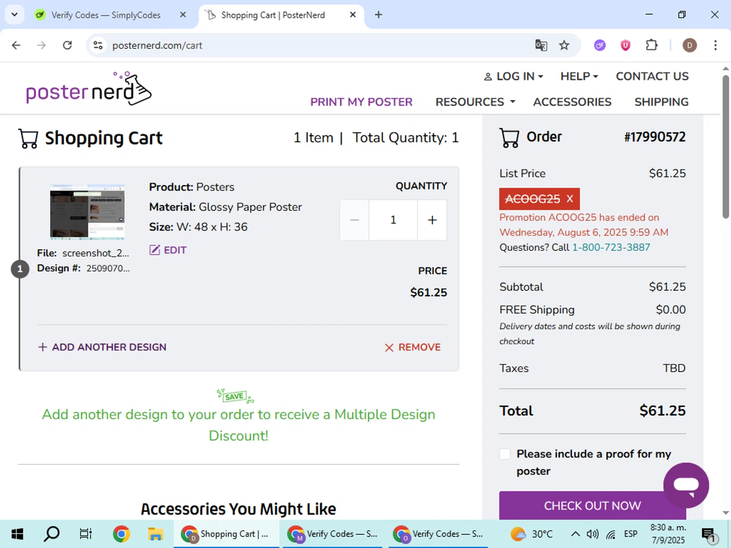 PosterNerd promo code screenshot showing code ACOOG25 applied at PosterNerd checkout page. Uploaded by SimplyCodes community member BrilliantWizard8884 on Sep 7, 2025