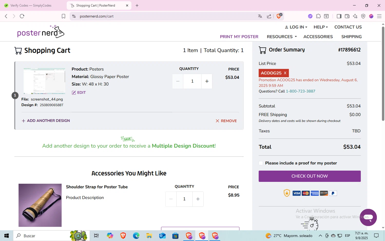 PosterNerd promo code screenshot showing code ACOOG25 applied at PosterNerd checkout page. Uploaded by SimplyCodes community member godgod on Aug 9, 2025