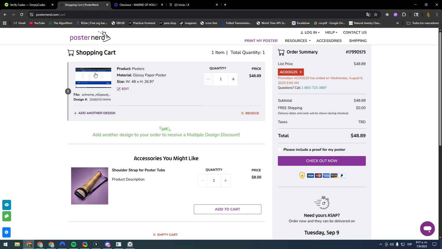 PosterNerd promo code screenshot showing code ACOOG25 applied at PosterNerd checkout page. Uploaded by SimplyCodes community member kakakakakka on Sep 7, 2025