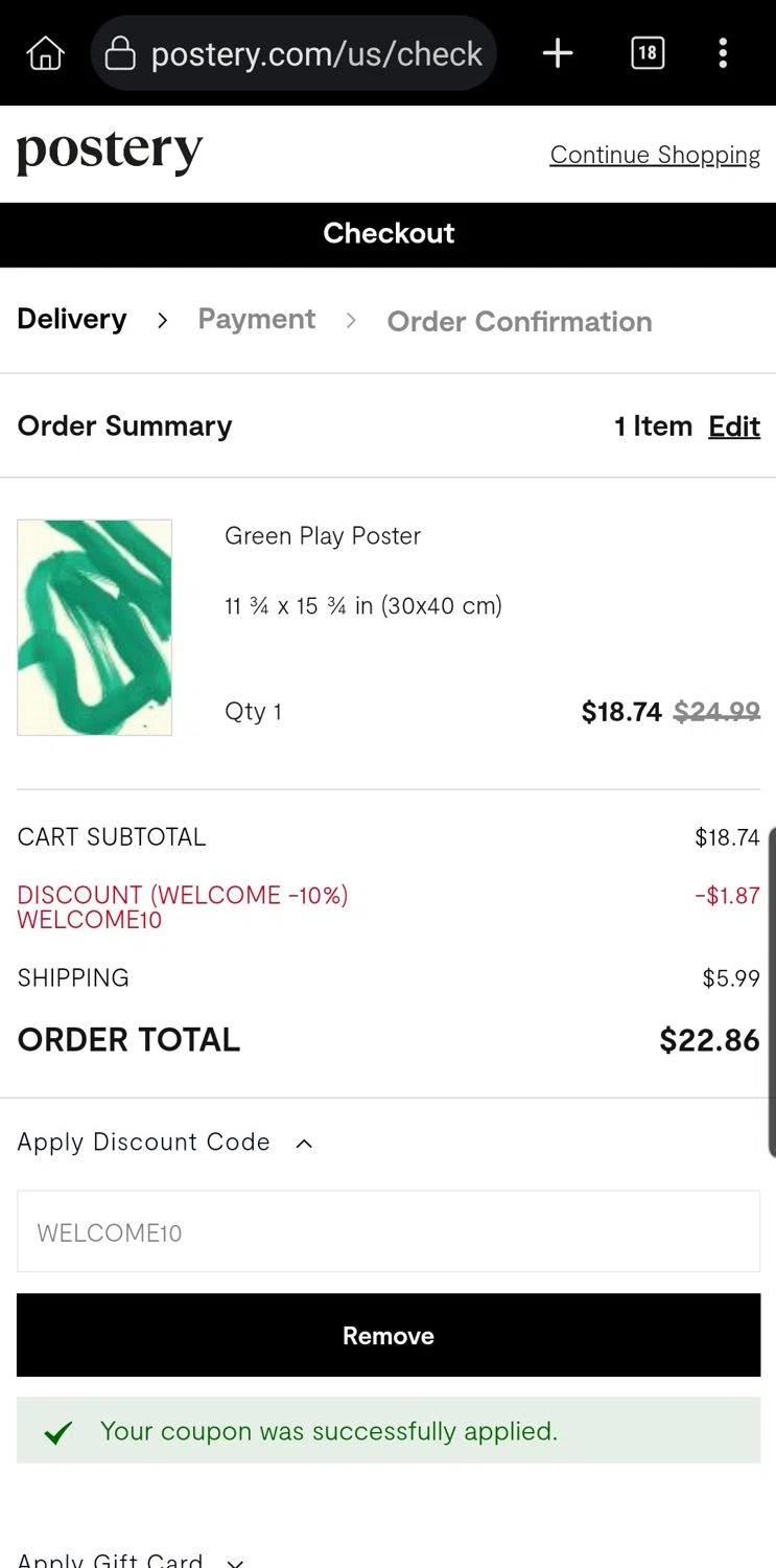 Postery discount code screenshot showing code WELCOME10 applied at Postery checkout page. Uploaded by SimplyCodes community member Carloslvz on Apr 6, 2025