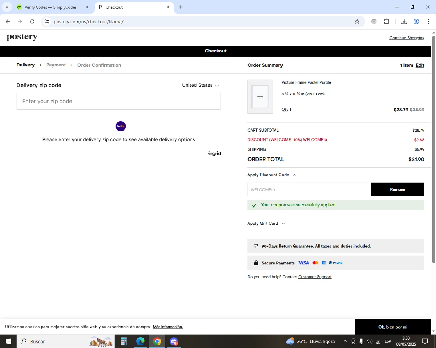 Postery discount code screenshot showing code WELCOME10 applied at Postery checkout page. Uploaded by SimplyCodes community member GoldSaver5472 on May 9, 2025